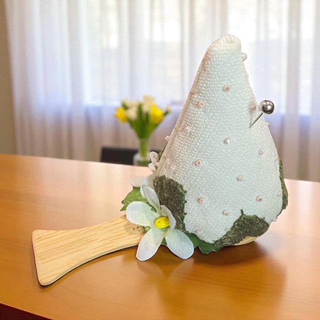 Paxe's Designs ~ Mini White Strawberry Pincushion on Wooden Spoon