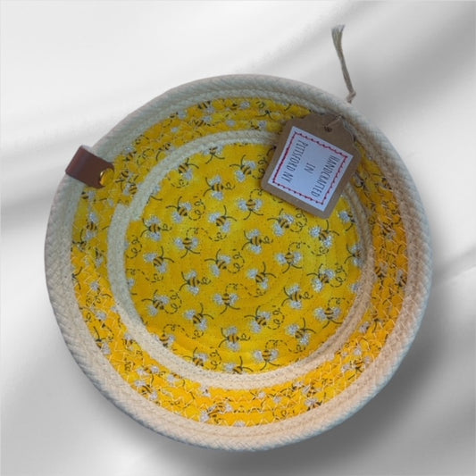 Hand-Crafted ~ Fabric Bottom ~ Fabric Covered Rope Bowl SM