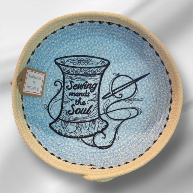 Hand-Crafted ~ Embroidered ~ Fabric Covered Rope Bowl LG