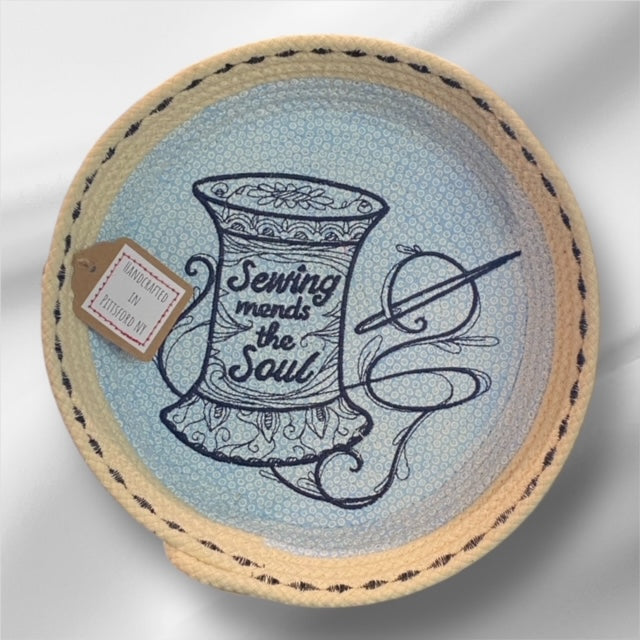 Hand-Crafted ~ Embroidered ~ Fabric Covered Rope Bowl LG