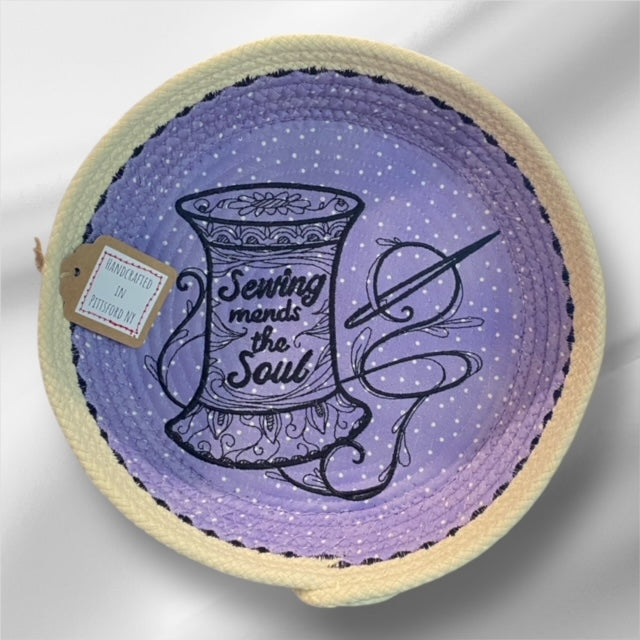 Hand-Crafted ~ Embroidered ~ Fabric Covered Rope Bowl LG