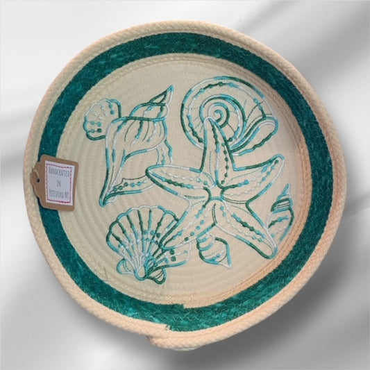 Hand-Crafted ~ Embroidered - At the Beach ~ Fabric Covered Rope Bowl LG
