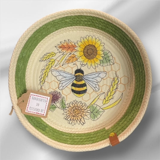 Hand-Crafted Fabric Covered Rope Bowl Embroidered Fall Bee