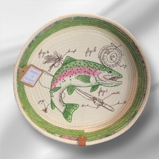 Hand-Crafted Fabric Covered Rope Bowl Embroidered Trout