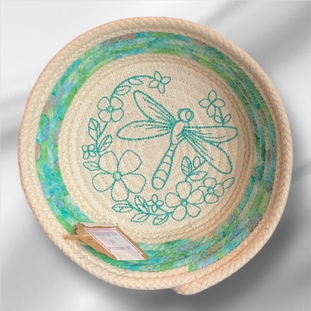 Hand-Crafted ~ Embroidered ~ Fabric Covered Rope Bowl SM