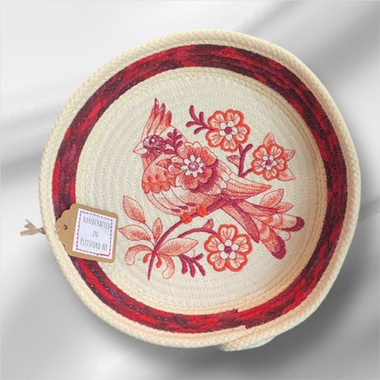 Hand-Crafted ~ Embroidered Birds ~ Fabric Covered Rope Bowl