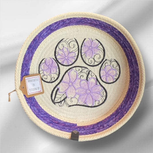 Hand-Crafted ~ Embroidered Dog ~ Fabric Covered Rope Bowl