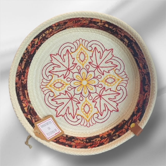 Hand-Crafted ~ Embroidered ~ Fabric Covered Rope Bowl LG