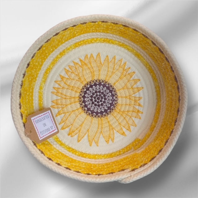 Hand-Crafted ~ Embroidered ~ Fabric Covered Rope Bowl LG