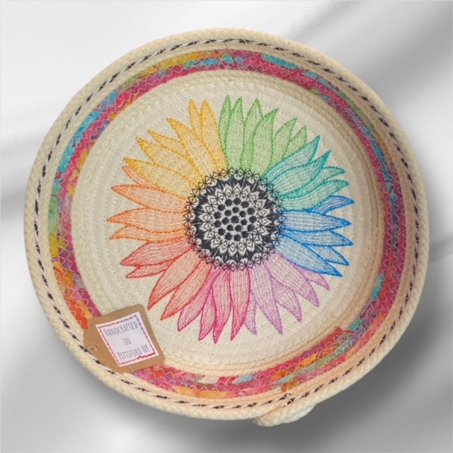 Hand-Crafted ~ Embroidered ~ Fabric Covered Rope Bowl LG