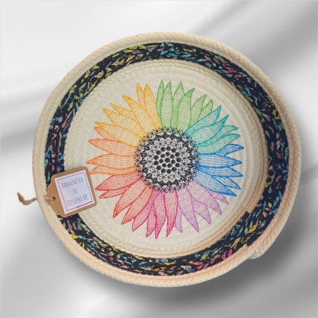 Hand-Crafted ~ Embroidered ~ Fabric Covered Rope Bowl LG