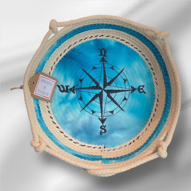 Hand-Crafted ~ Embroidered - At the Beach ~ Fabric Covered Rope Bowl LG