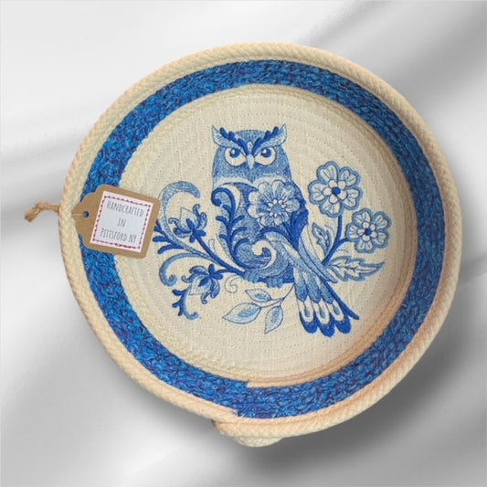 Hand-Crafted ~ Embroidered Birds ~ Fabric Covered Rope Bowl