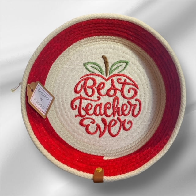 Hand-Crafted ~ Embroidered ~ Fabric Covered Rope Bowl LG