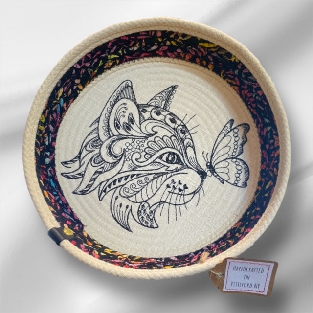 Hand-Crafted ~ Embroidered Cat ~ Fabric Covered Rope Bowl