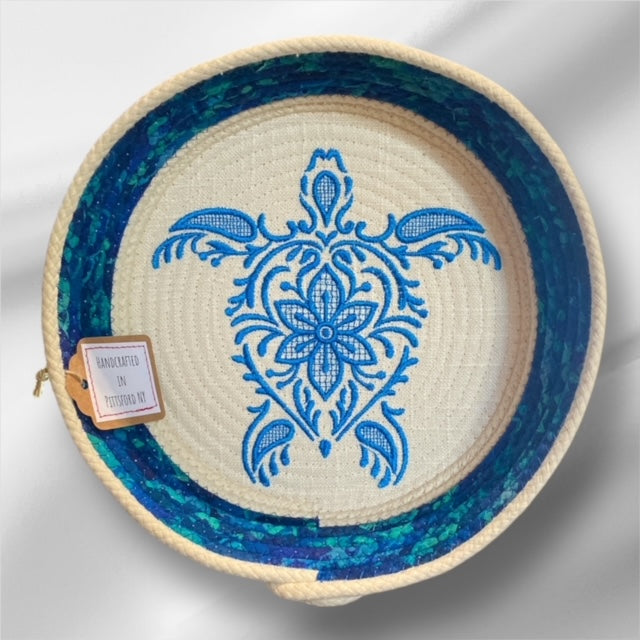Hand-Crafted ~ Embroidered - At the Beach ~ Fabric Covered Rope Bowl LG