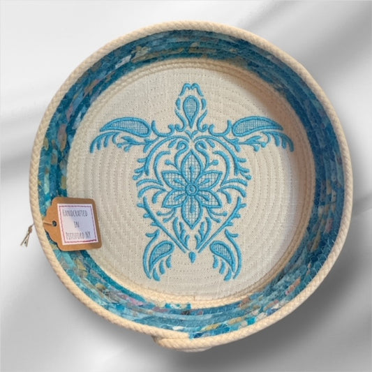Hand-Crafted ~ Embroidered - At the Beach ~ Fabric Covered Rope Bowl LG
