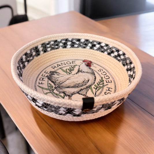 Hand-Crafted Fabric Covered Rope Bowl with Embroidered Rooster #104