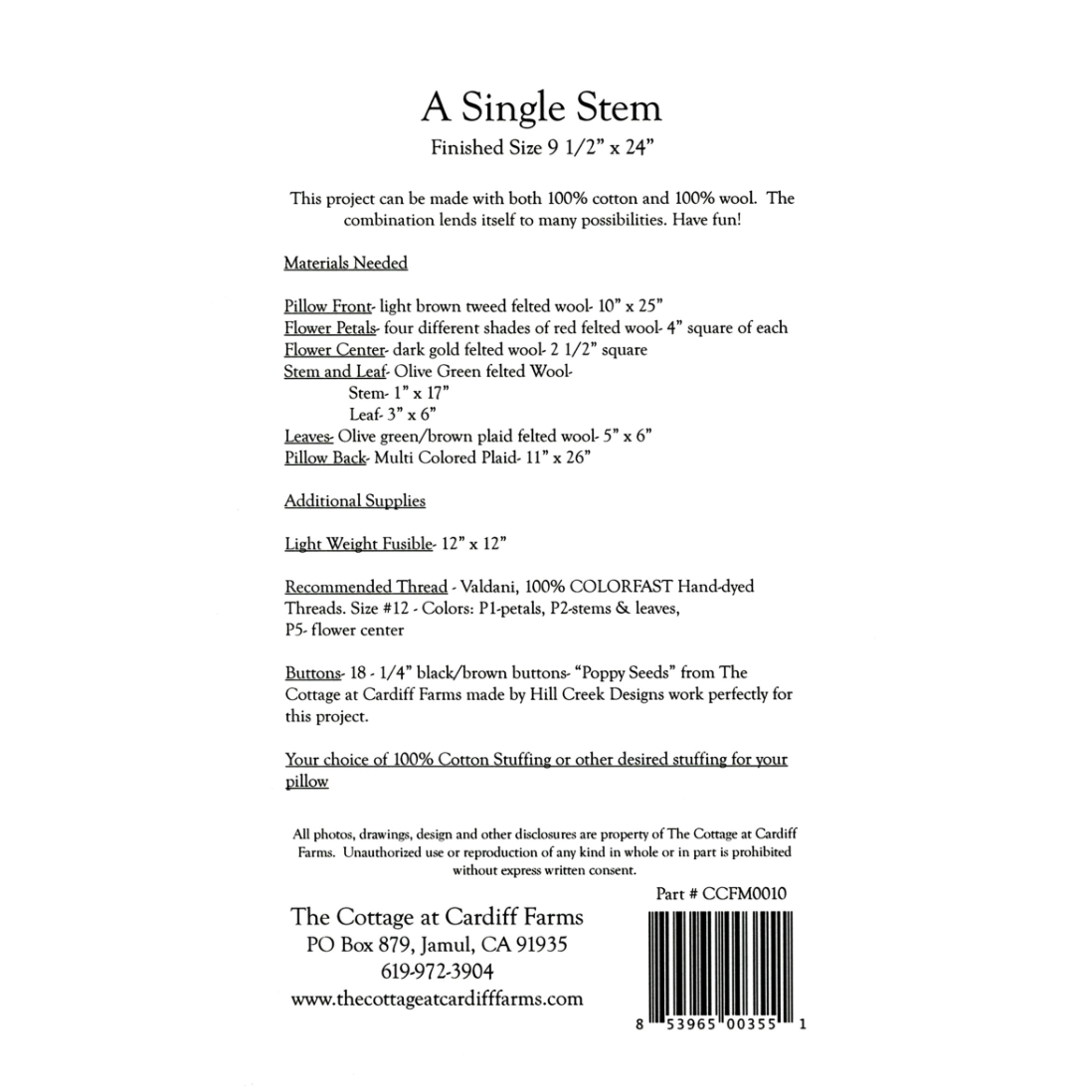 The Cottage at Cardiff Farms ~ A Single Stem Pillow Pattern