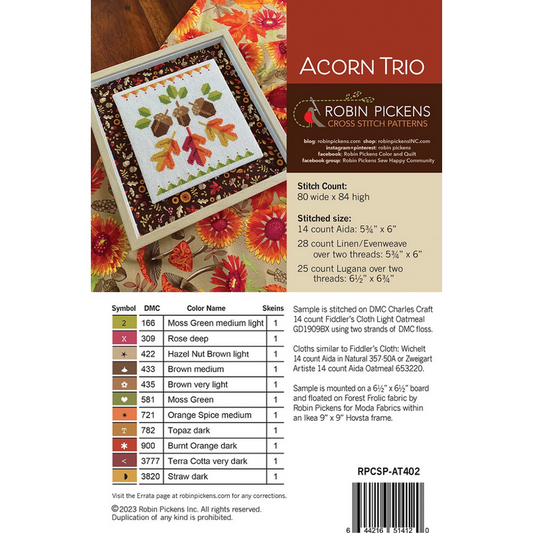 Robin Pickens ~ Acorn Trio Cross Stitch Pattern