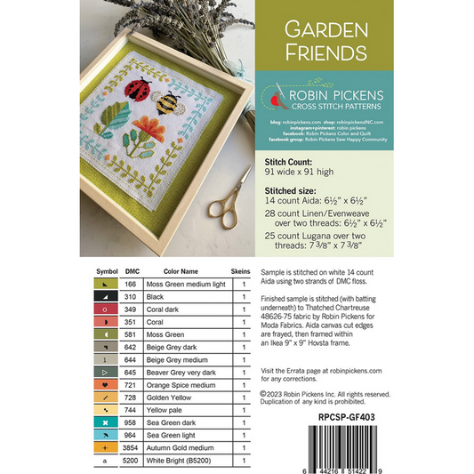 Robin Pickens ~ Garden Friends Cross Stitch Pattern