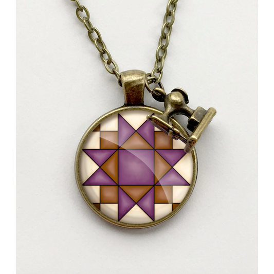 Patchwork Pendants | Circular Purple & Brown Ohio Star Quilt Block Necklace