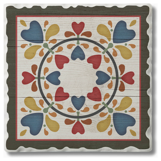 Barn Quilt Absorbent Stone Coaster | Folk Hearts & Flowers