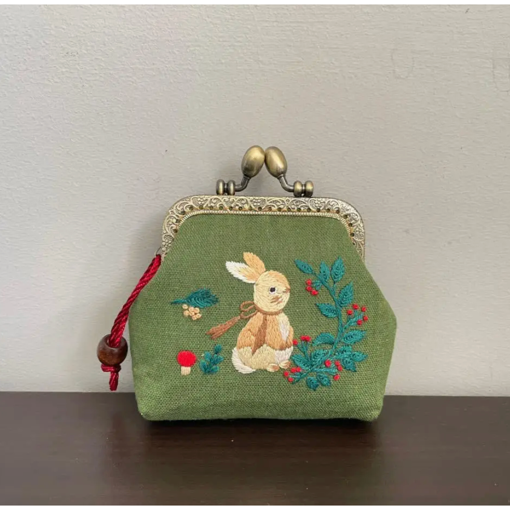 Quince Fables | Rabbit Embroidered Green Coin Purse