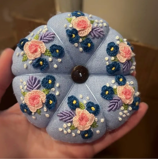 Quince Fables | Blue Pumpkin Pincushion with Roses Embroidery