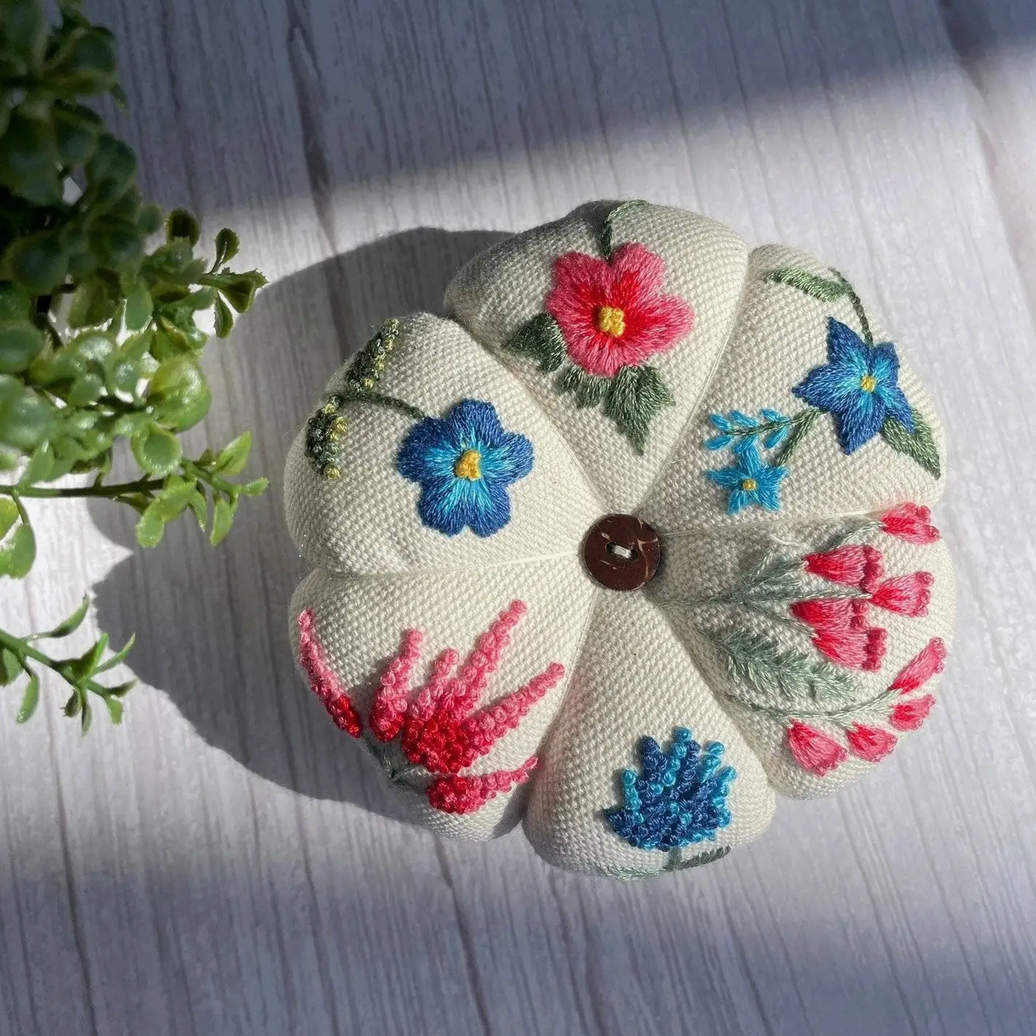 Quince Fables | Pink & Blue Flower Garden Embroidered Pincushion