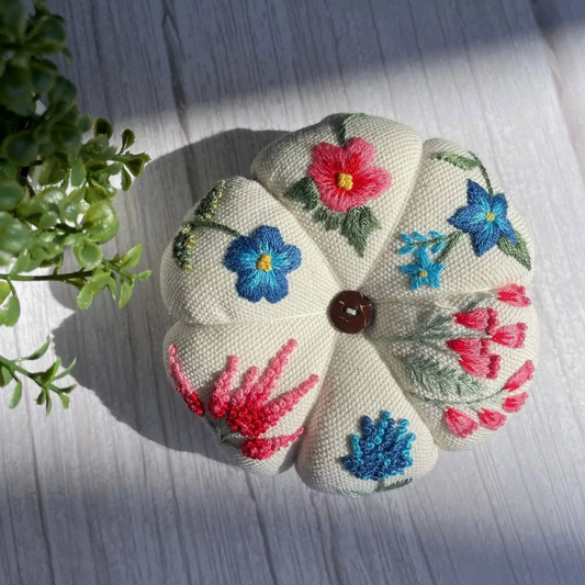 Quince Fables | Pink & Blue Flower Garden Embroidered Pincushion