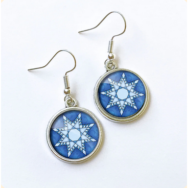 Patchwork Pendants | Blue Snowflake Circular Quilt Block Earrings