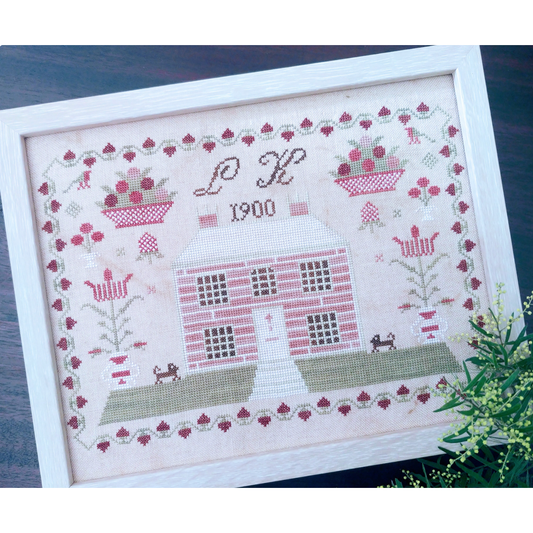 Mojo Stitches | LK 1900: An antique reproduction pink house sampler