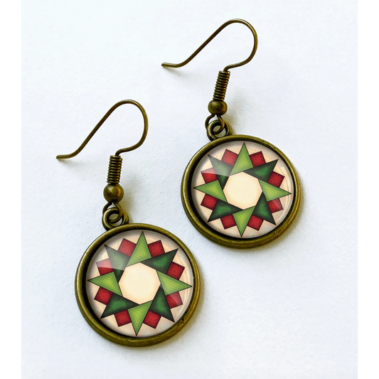 Patchwork Pendants | Christmas Wreath Circular Quilt Block Earrings