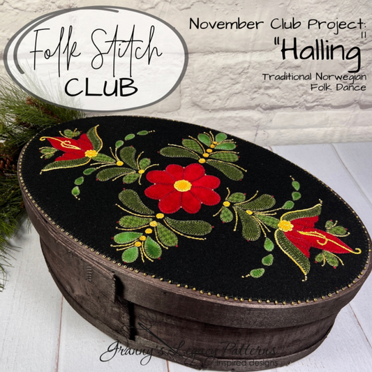 Granny's Legacy Folk Stitch Club | "Halling" Traditional Norwegian Folk Dance Wool Applique Kit -November