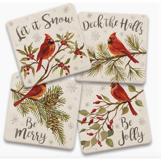 "Cardinal Christmas" 4 Pack Assorted Image Coaster Set 4.25"