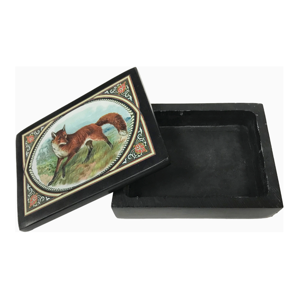 Red Fox Black Soapstone Decorative Needlework Box