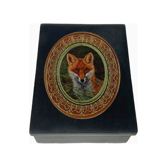 Red Fox in the Grass Black Soapstone Decorative Needlework Box