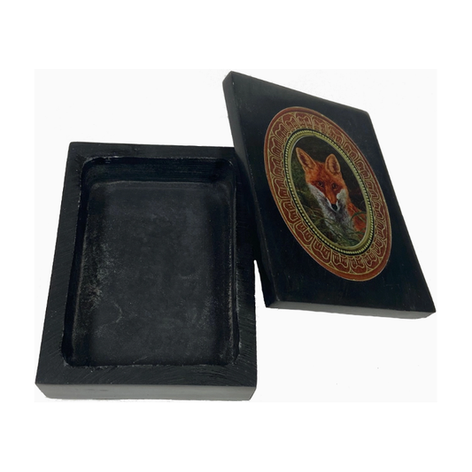 Red Fox in the Grass Black Soapstone Decorative Needlework Box