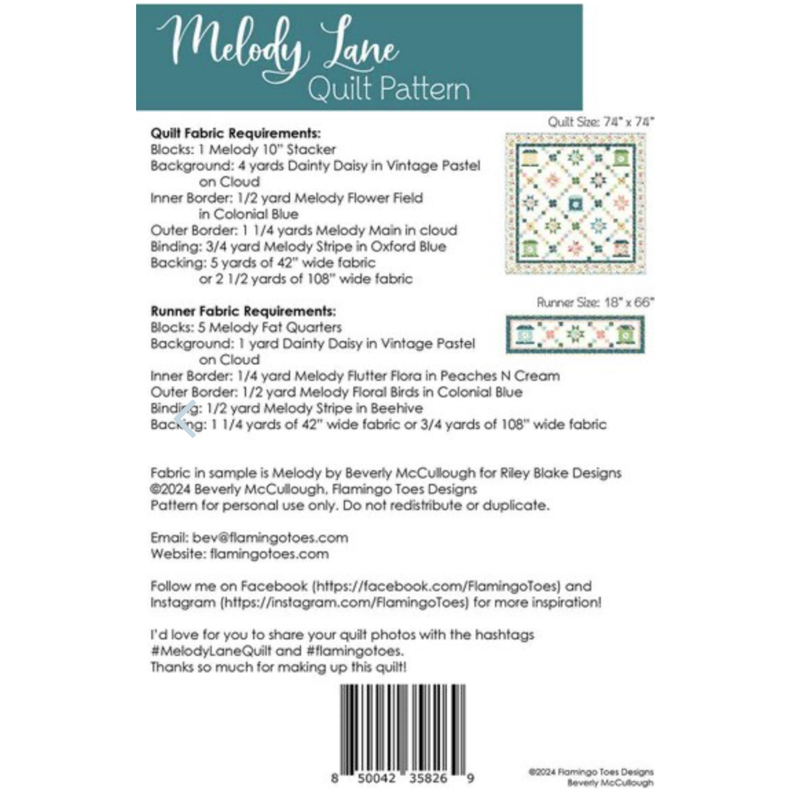 Beverly McCullough ~ Melody Lane Quilt and Runner Pattern