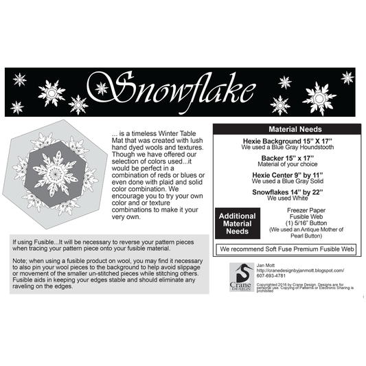 Crane Design ~ Snowflake Wool Applique Pattern and/or Kit