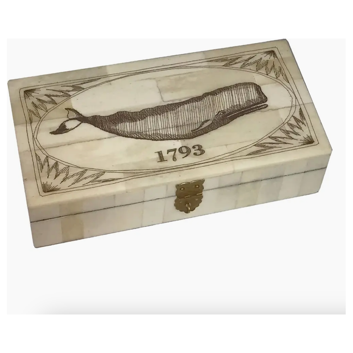 Whale 1793 Engraved Scrimshaw Bone Decorative Needlework Box
