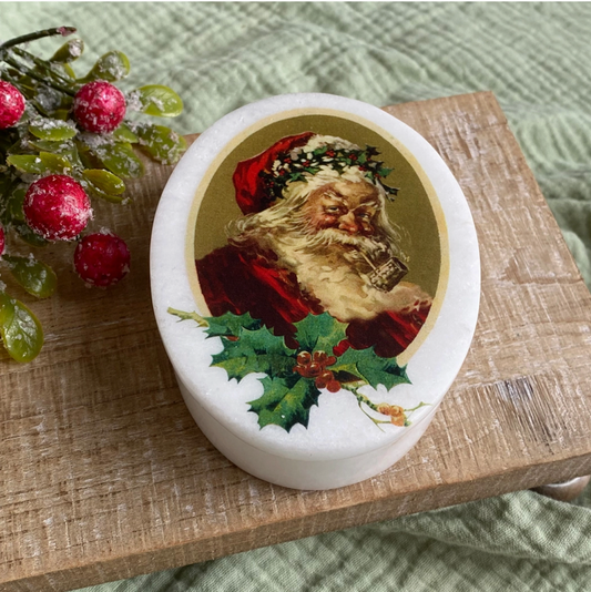 Santa Claus White Oval Soapstone Decorative Needlework Box