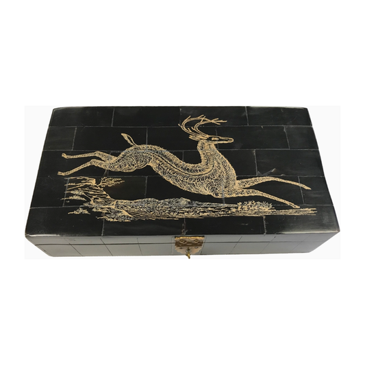 6-1/4" Deer Running Engraved Horn Needlework Box