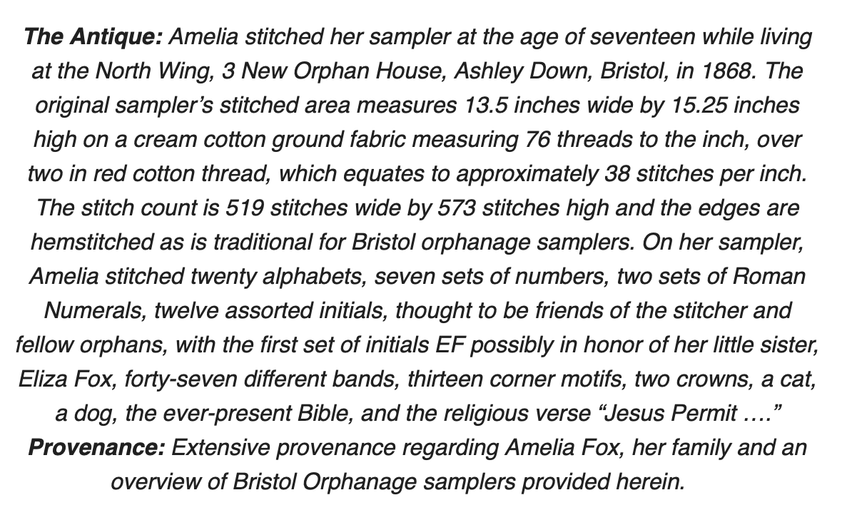 Cross Stitch Antiques | Amelia Fox 1868 Bristol Orphanage Sampler MARKET 2025