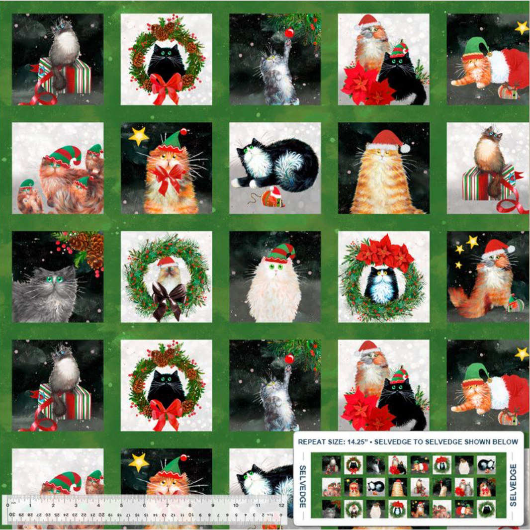 Meowy Christmas ~ Festive Felines Panel ~ 54483-2 Pine
