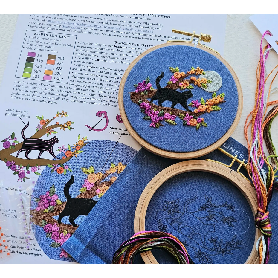 Jessica Long Embroidery | Mini Black Cat & Full Moon Embroidery Kit
