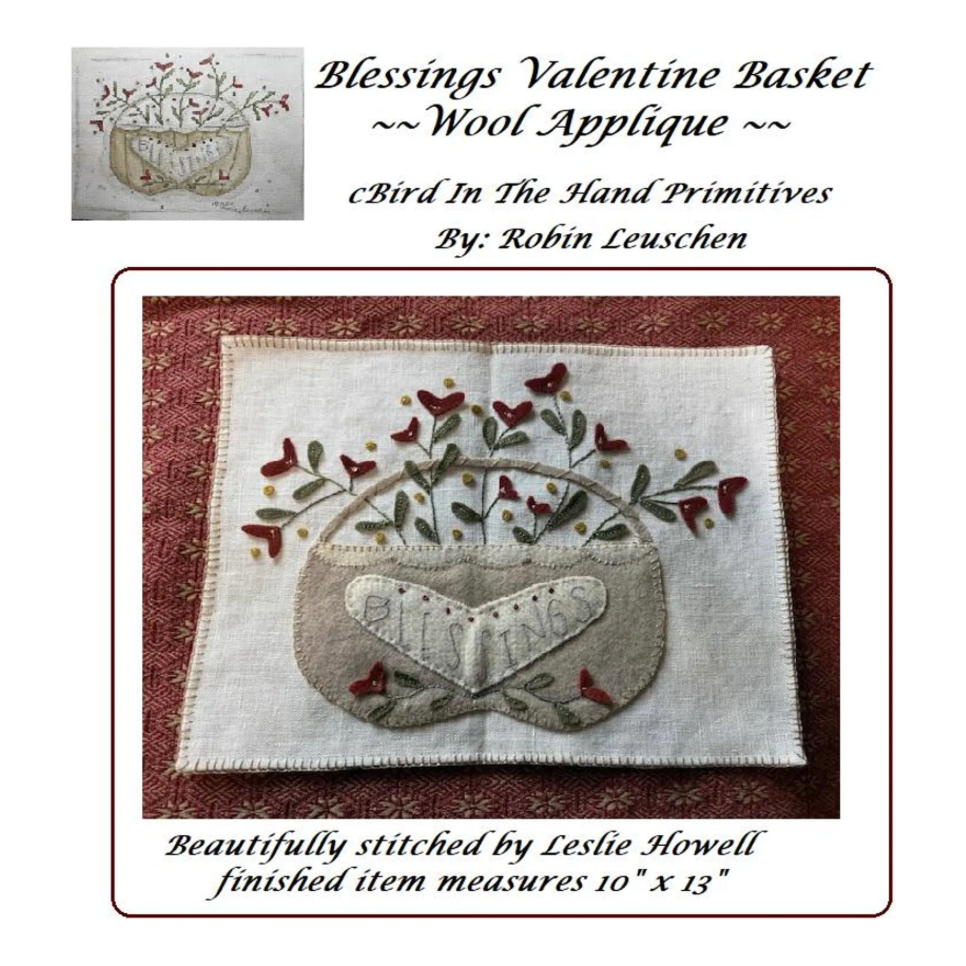 Bird In The Hand Primitives | Blessing Valentine Basket Wool Applique Pattern