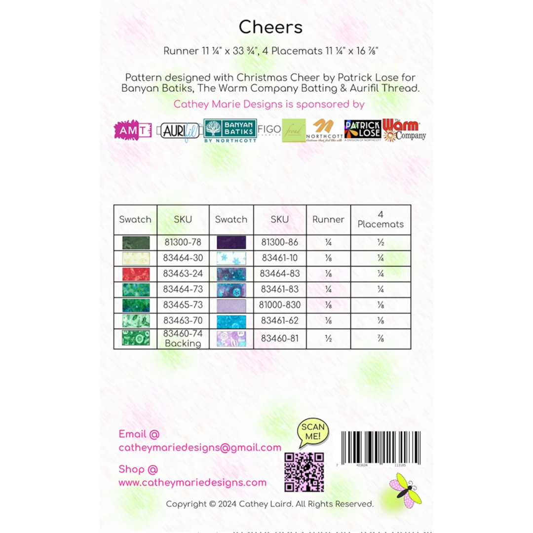 Cathey Marie Designs ~ Cheers Table Runner Pattern and/or Kit
