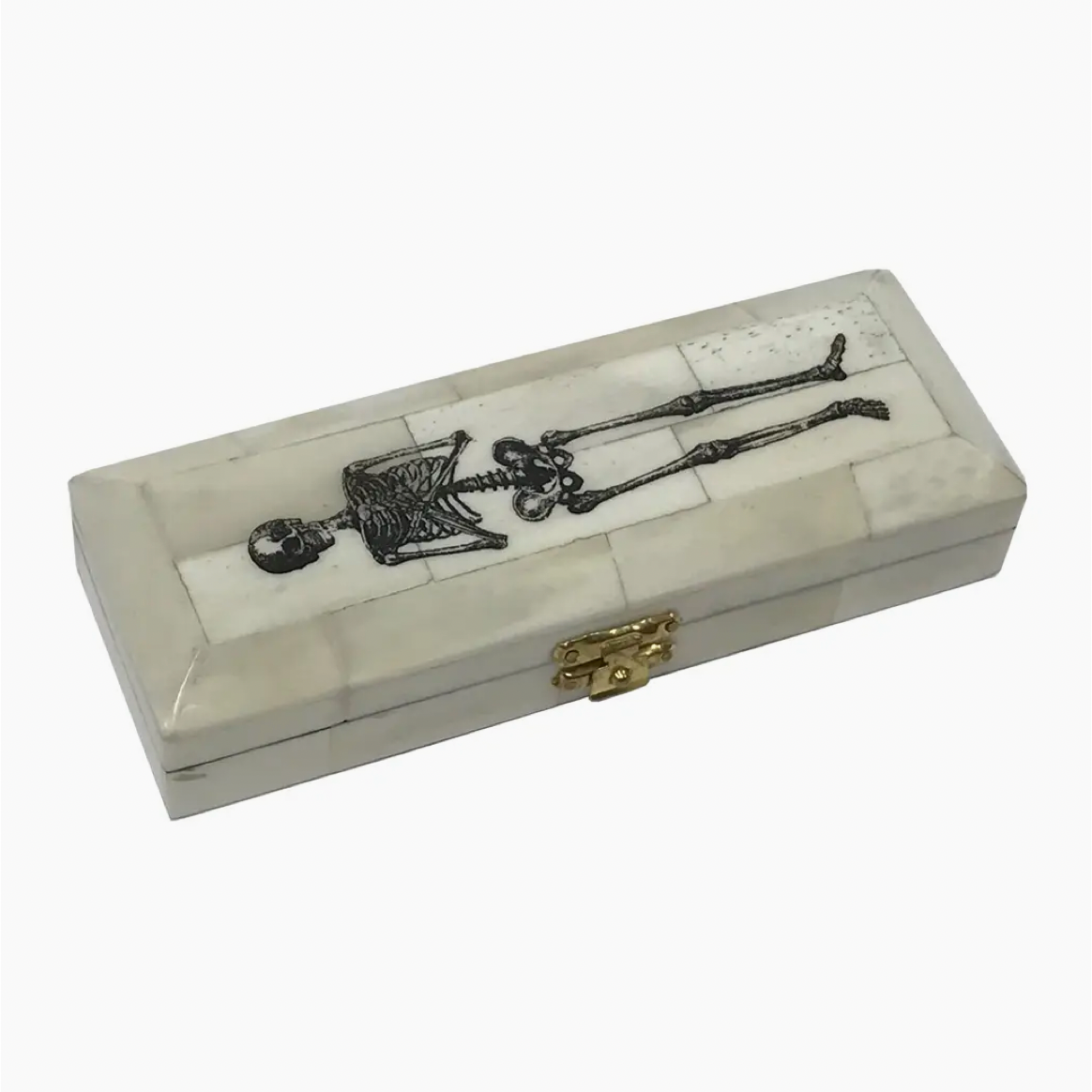 6-1/2" Skeleton-On-Coffin Black Scrimshaw Ox Bone Decorative Needlework Box